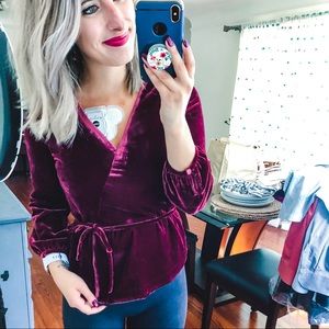 J. Crew Burgundy Red Velvet Tie Waist Blouse 0 P